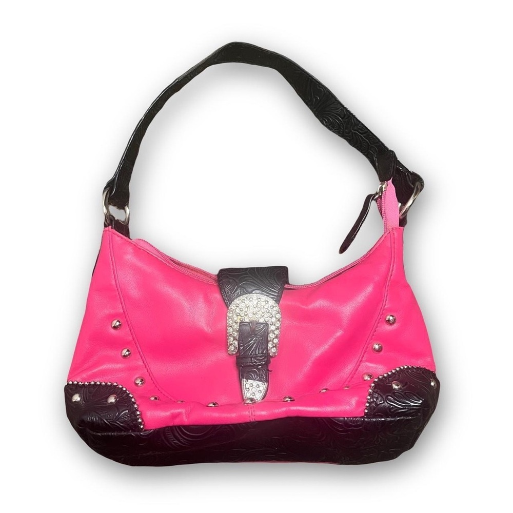 Pink and black western rhinestone buckle purse